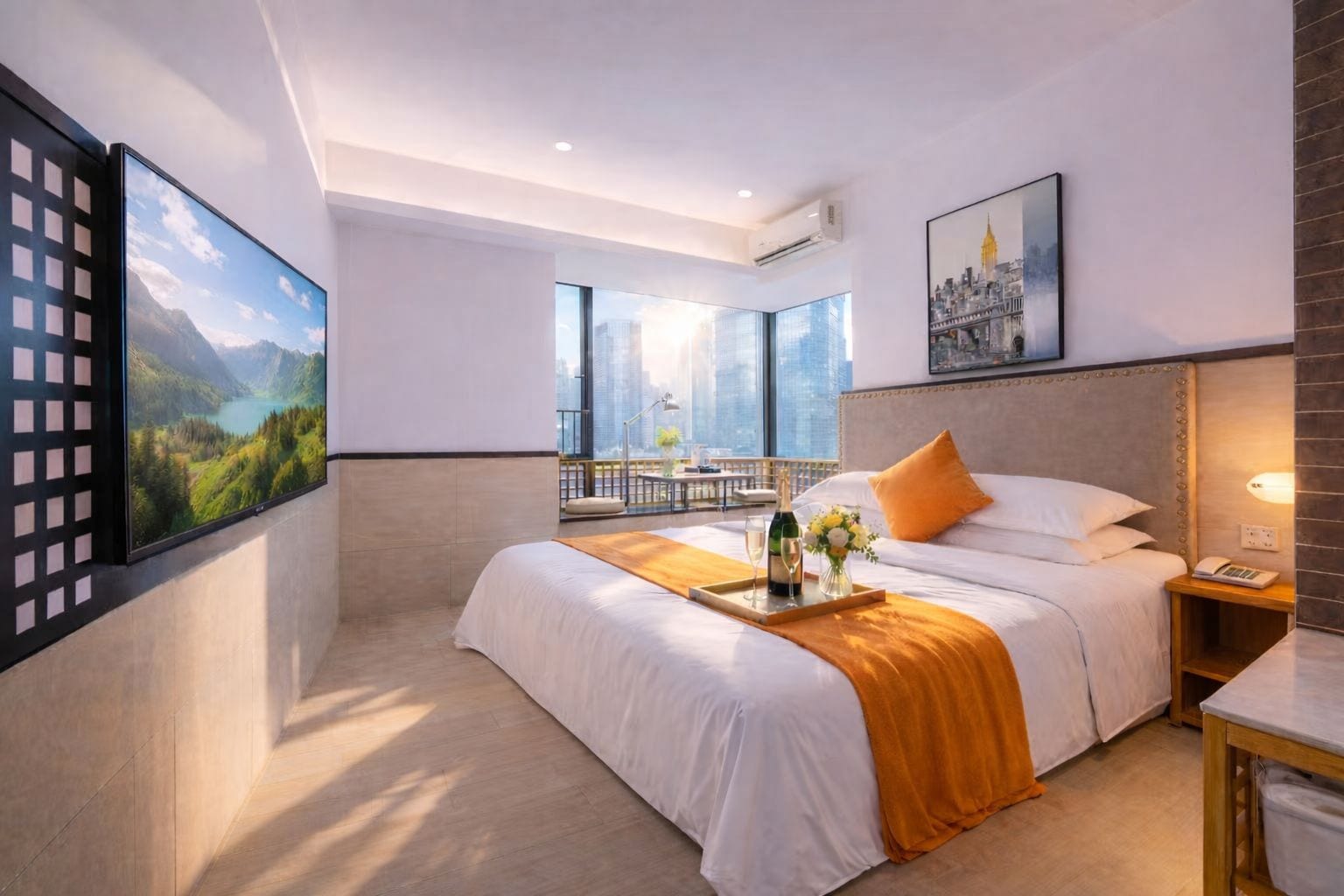 A modern hotel room with a large bed, a cityscape view, and a balcony with a city skyline.