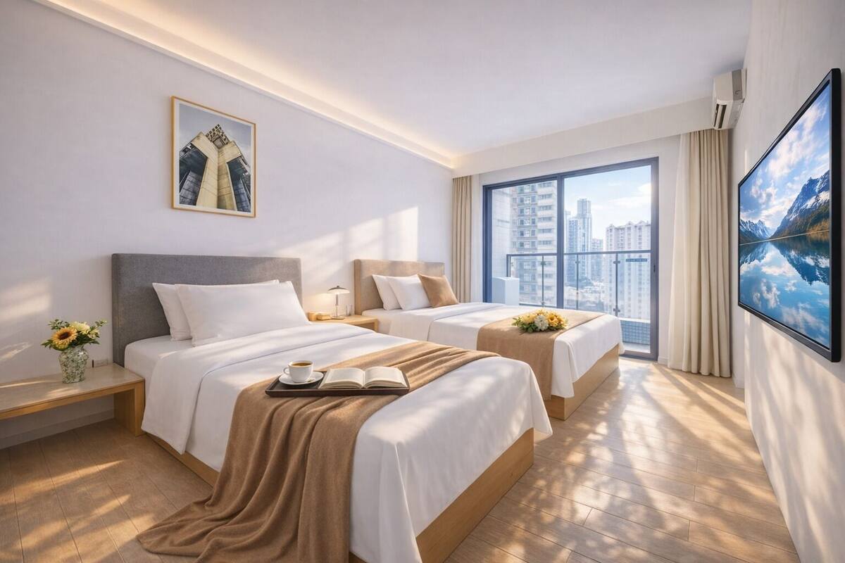 A hotel room with two beds, a large window with a city view, a framed picture on the wall, and a flat-screen TV.