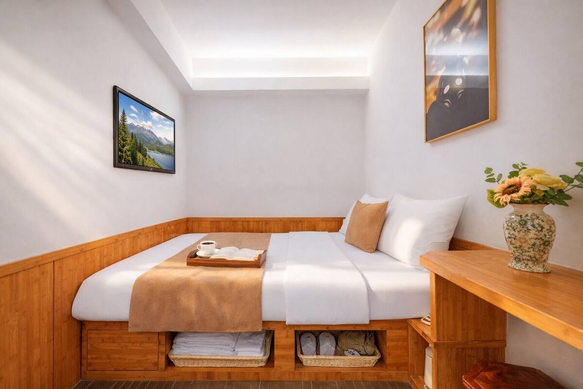 A neatly arranged bedroom with a bed, a bedside table, a vase with flowers, and a picture on the wall.