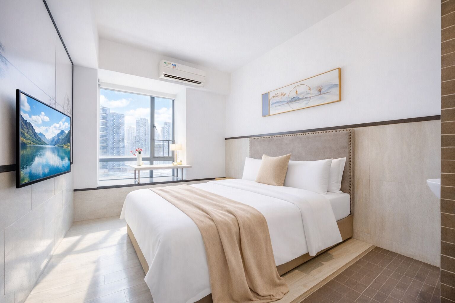 Ein modernes Hotelzimmer mit einem großen Bett, einem Flachbildfernseher, einem Fenster mit Blick auf die Stadt und einer Klimaanlage.