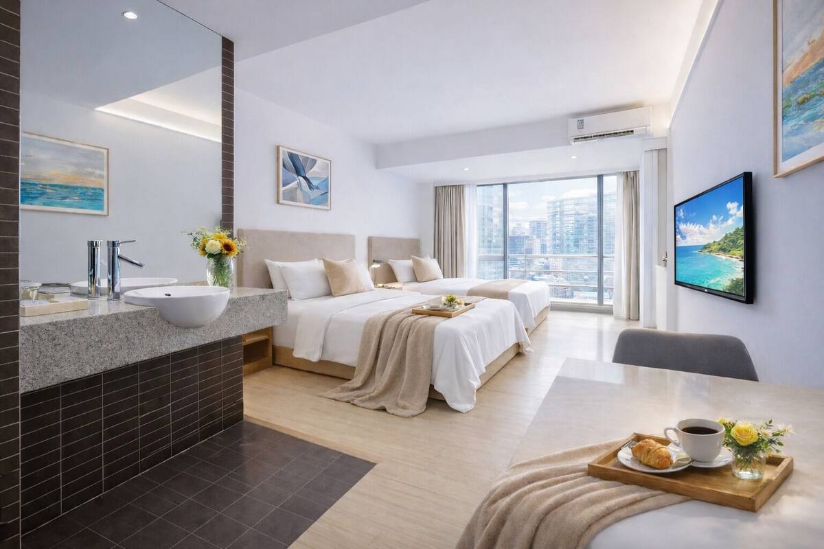 A modern hotel room with a large bed, a separate seating area, a bathroom with a sink, and a city view.