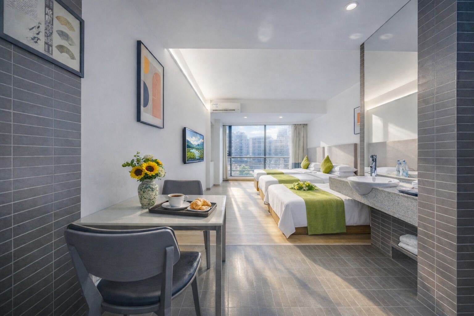 A hotel room with a dining table, two beds, a bathroom with a sink, and a city view.