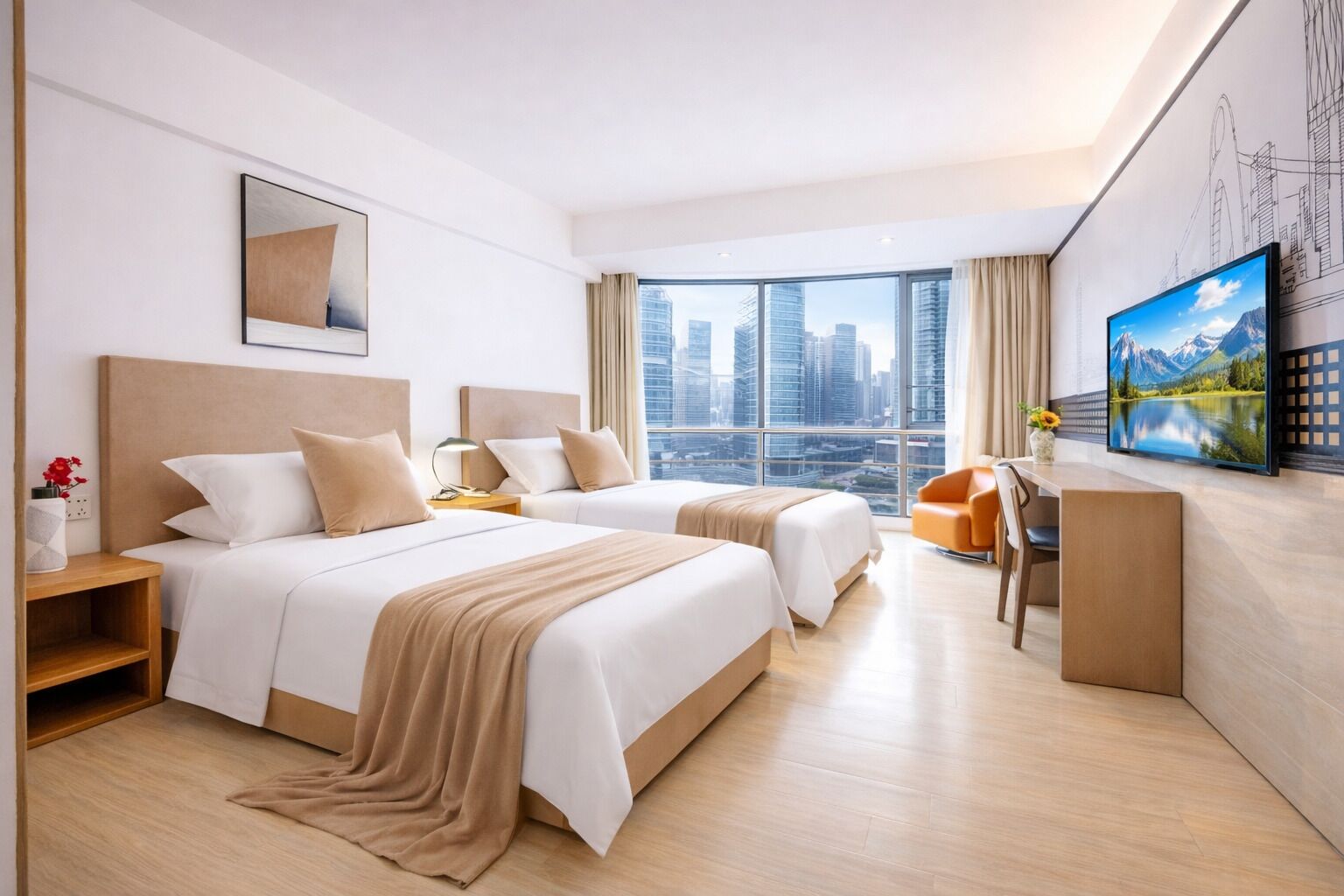 A hotel room with two beds, a desk, a chair, a TV, and a large window with a city view.
