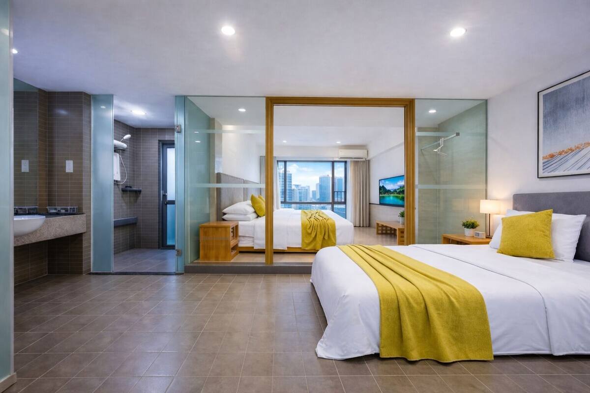 A modern hotel room with a large bed, a bathroom with a shower, and a city view.
