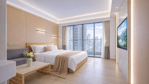 Habitación de hotel moderna con una cama grande, un escritorio, vistas a la ciudad y un televisor en la pared.