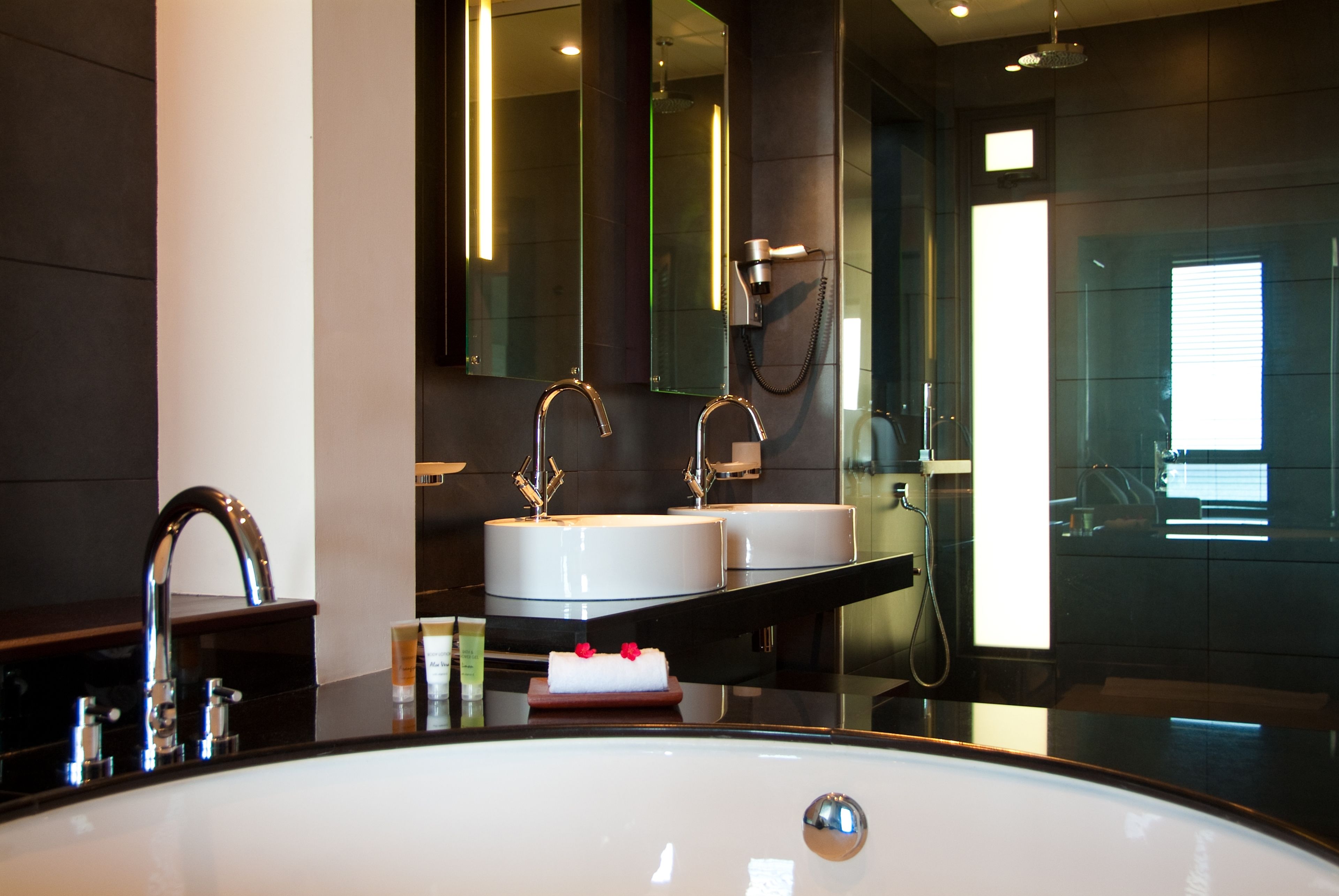 combined shower/bathtub, free toiletries, hair dryer, slippers