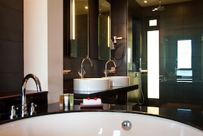 Combined shower/tub, free toiletries, hair dryer, slippers