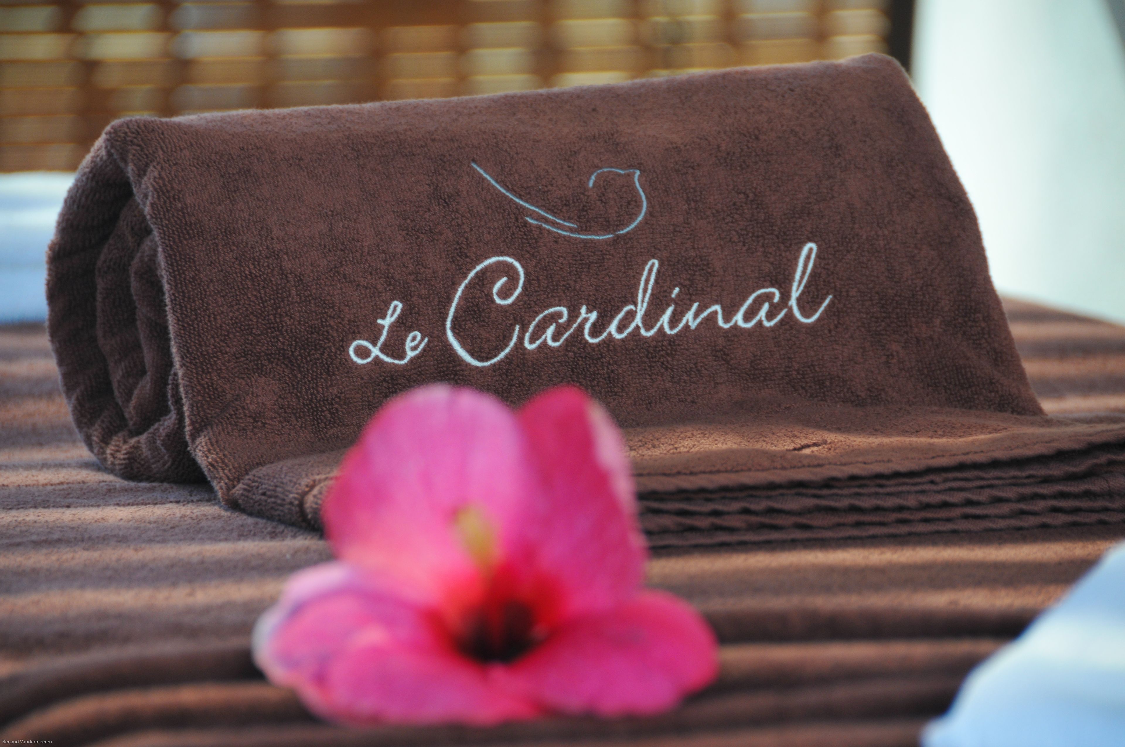 A folded brown towel with "Le Cardinal" embroidered on it, placed on a striped surface.