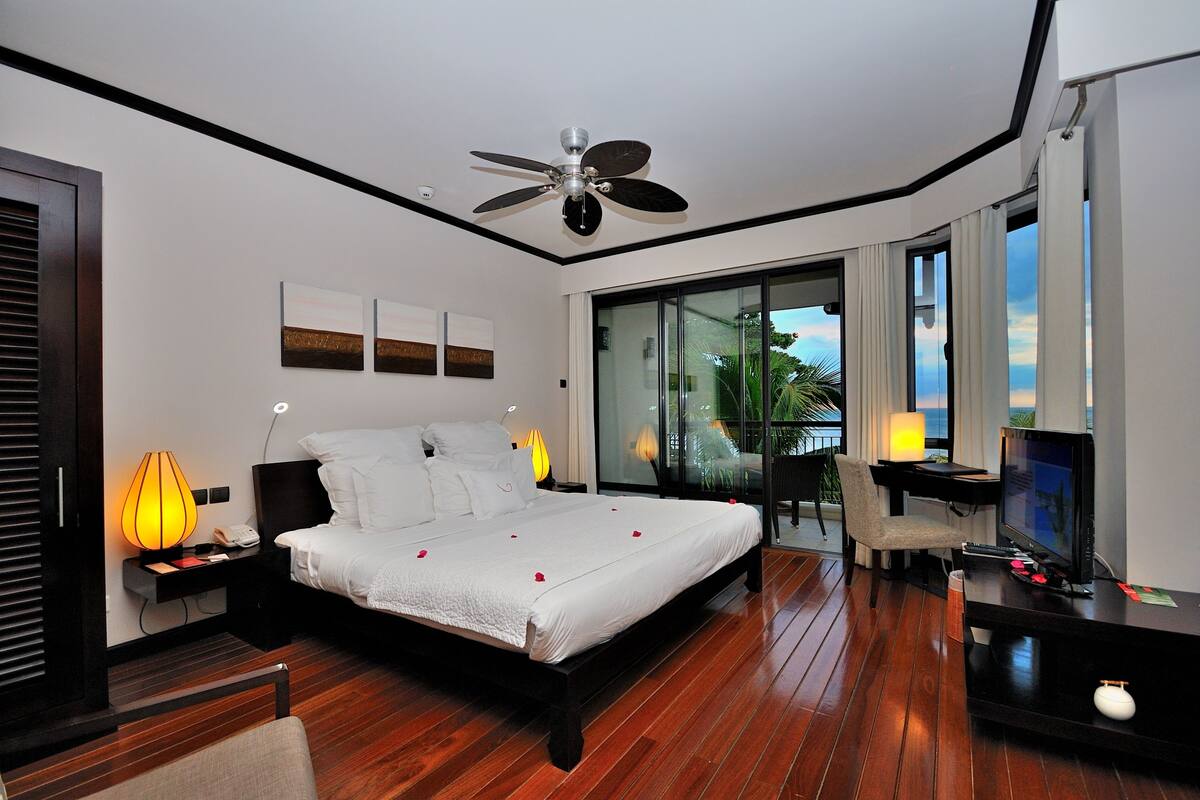 A modern hotel room with a large bed, a ceiling fan, a TV, and a balcony with a view.