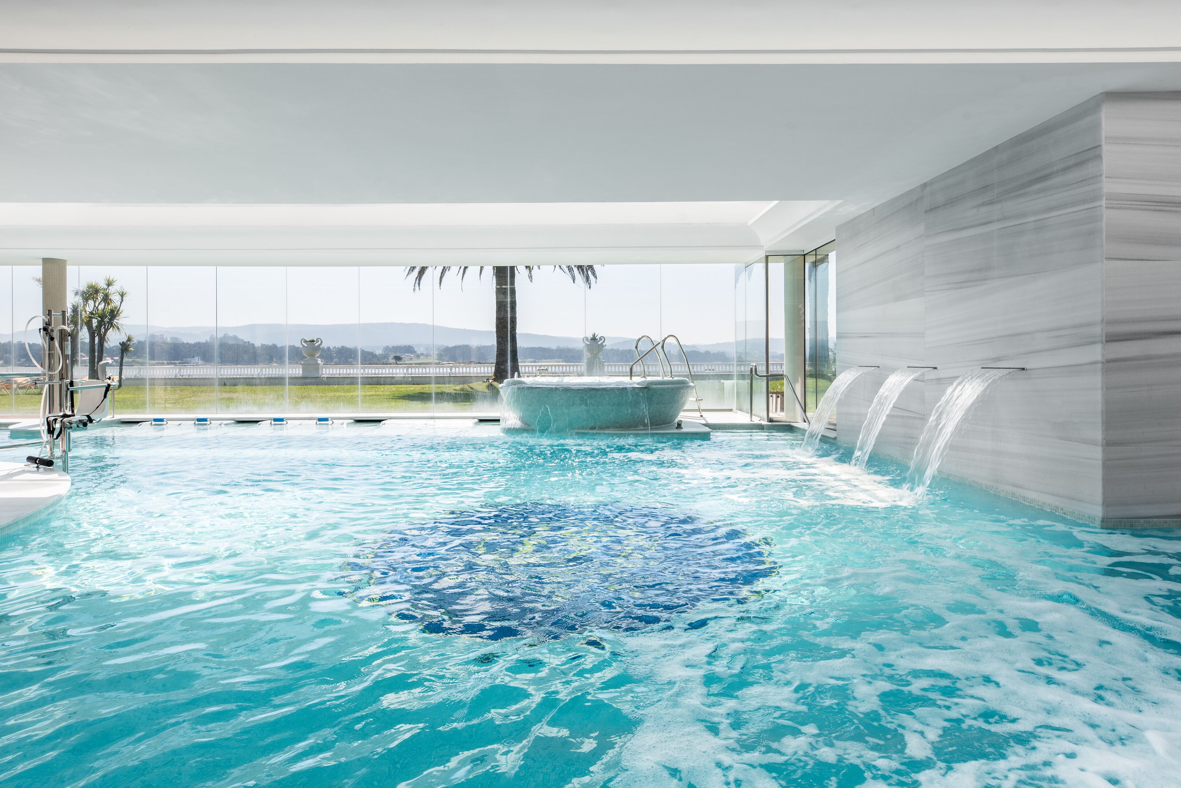 indoor pool, outdoor pool, pool loungers