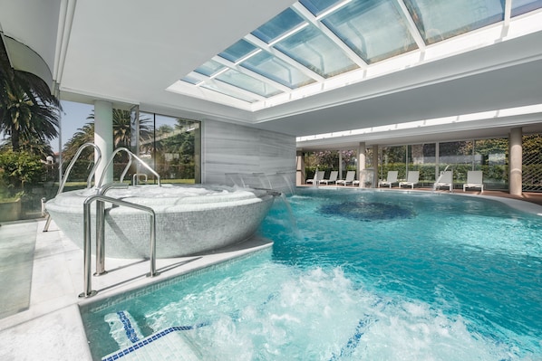 Indoor pool, outdoor pool, pool loungers