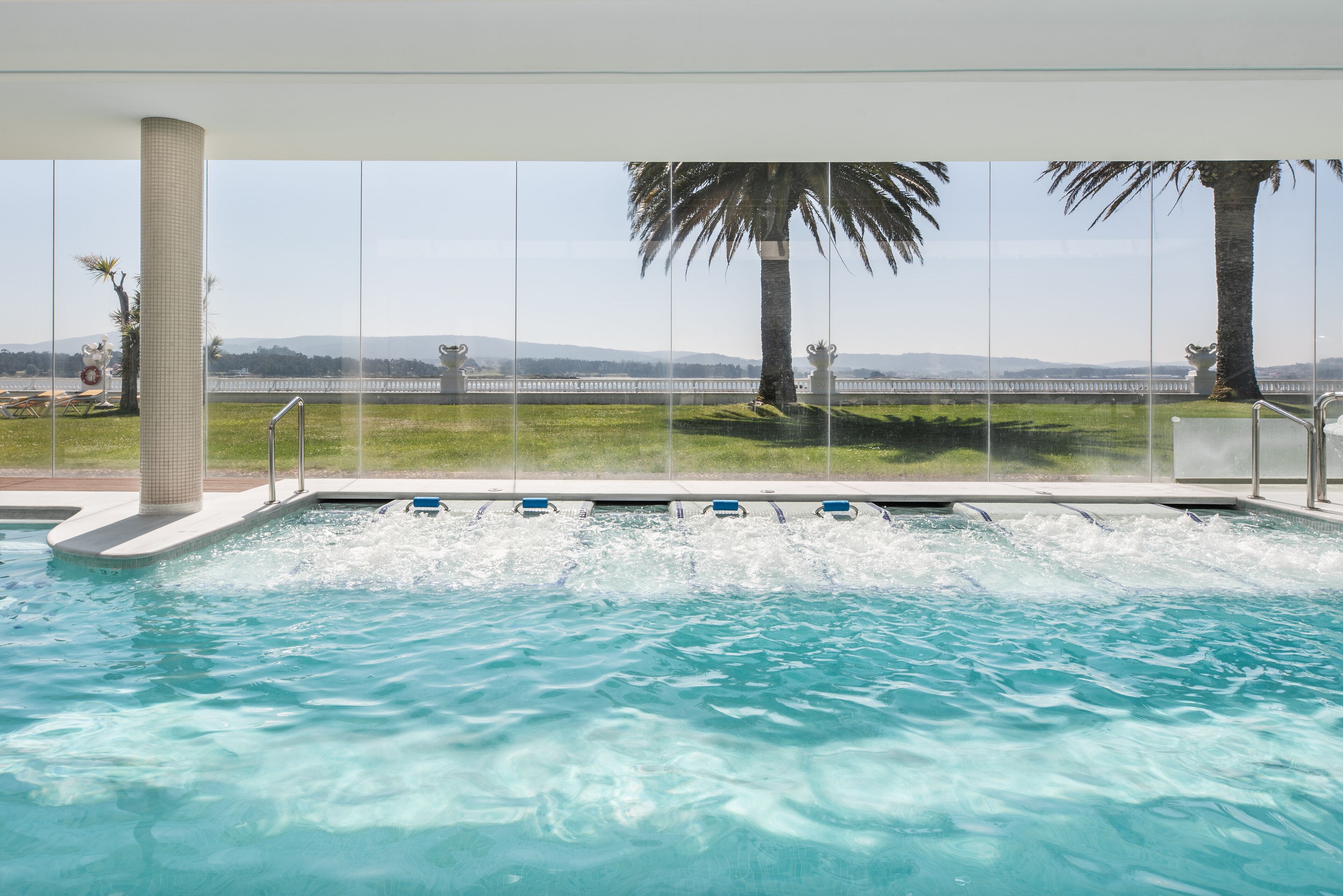 A swimming pool with clear water, a glass barrier, and a view of a grassy area with palm trees and a distant landscape.
