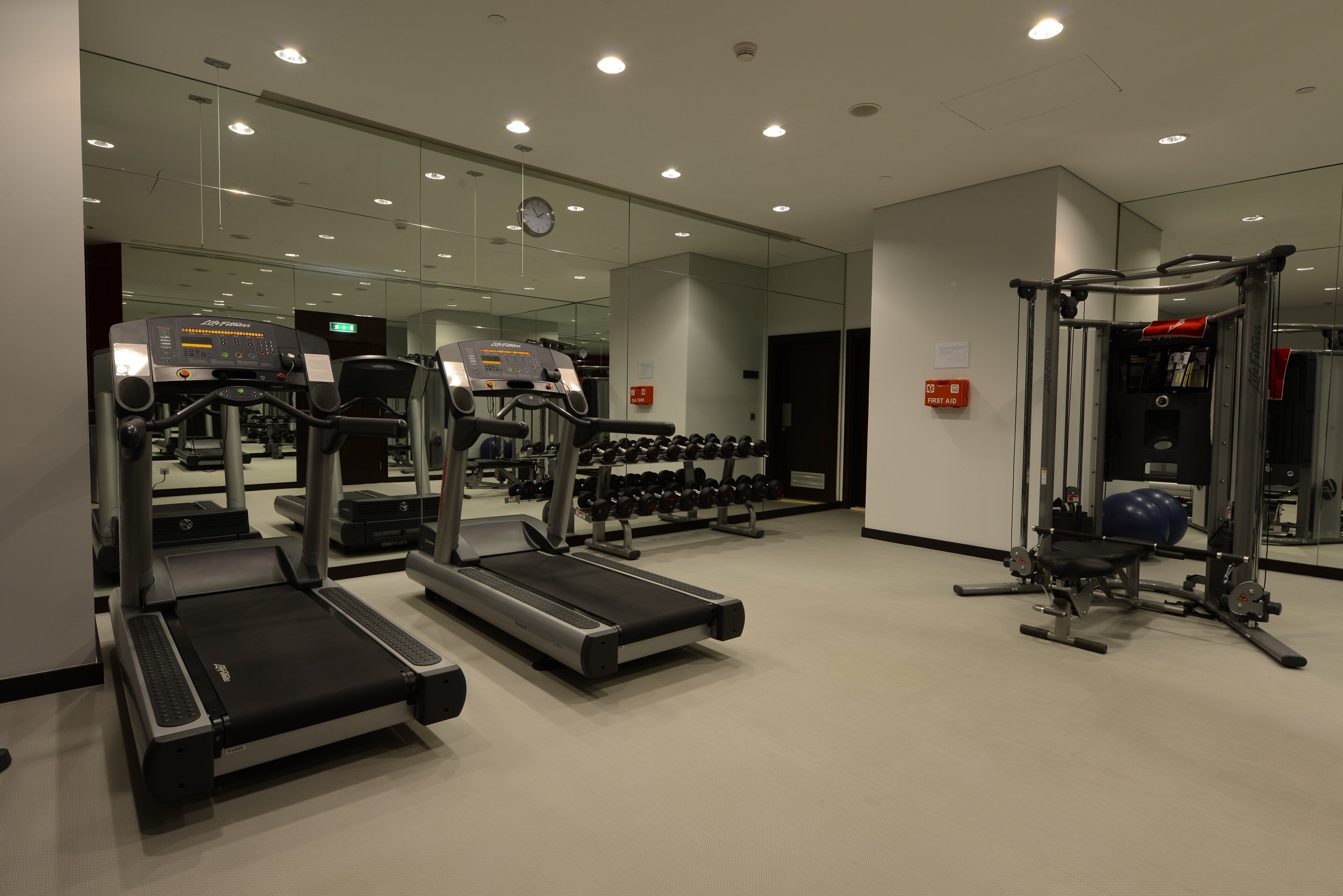 Un gimnasio con cintas de correr, mancuernas y máquinas de pesas.
