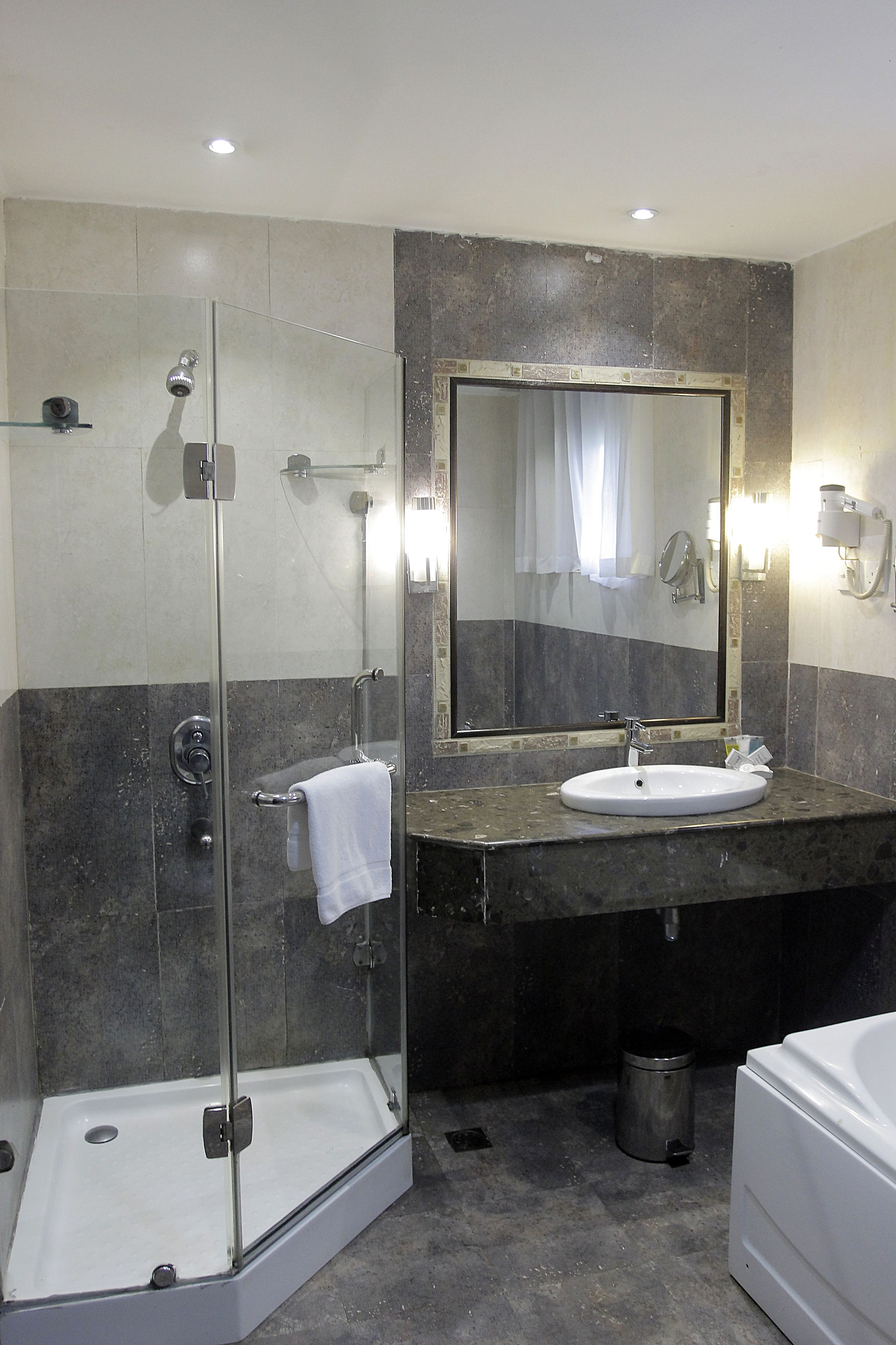 A modern bathroom with a glass-enclosed shower, a sink, and a large mirror.