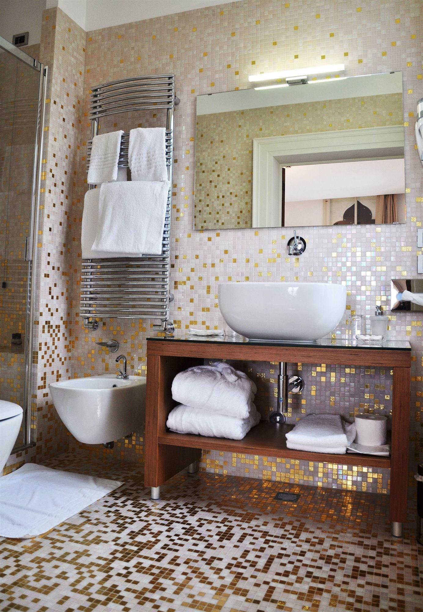 Bathroom | Shower, rainfall showerhead, hair dryer, bathrobes