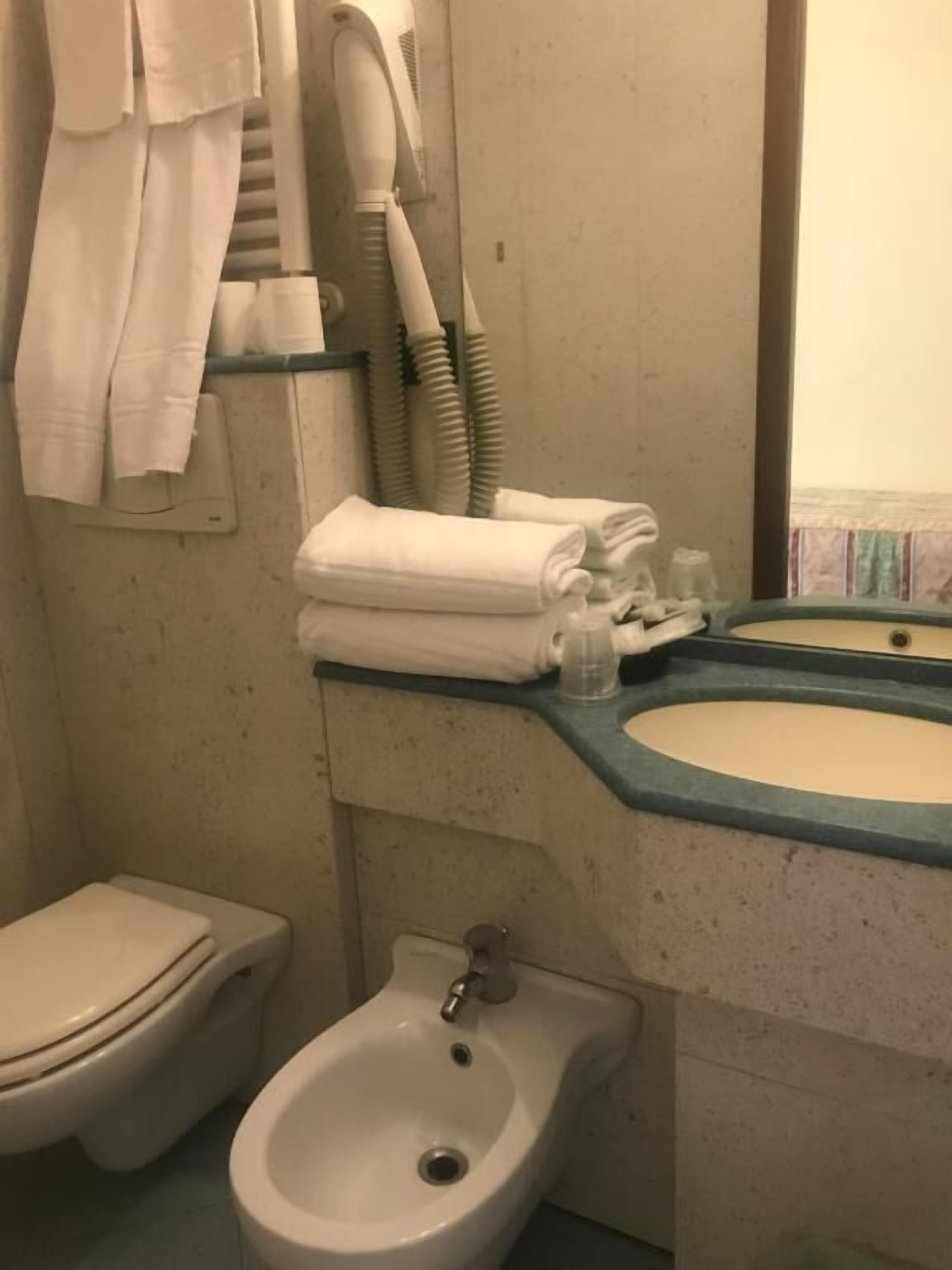 Une salle de bain comprenant des toilettes, un bidet et un lavabo. Des serviettes et un sèche-cheveux sont accrochés au mur.
