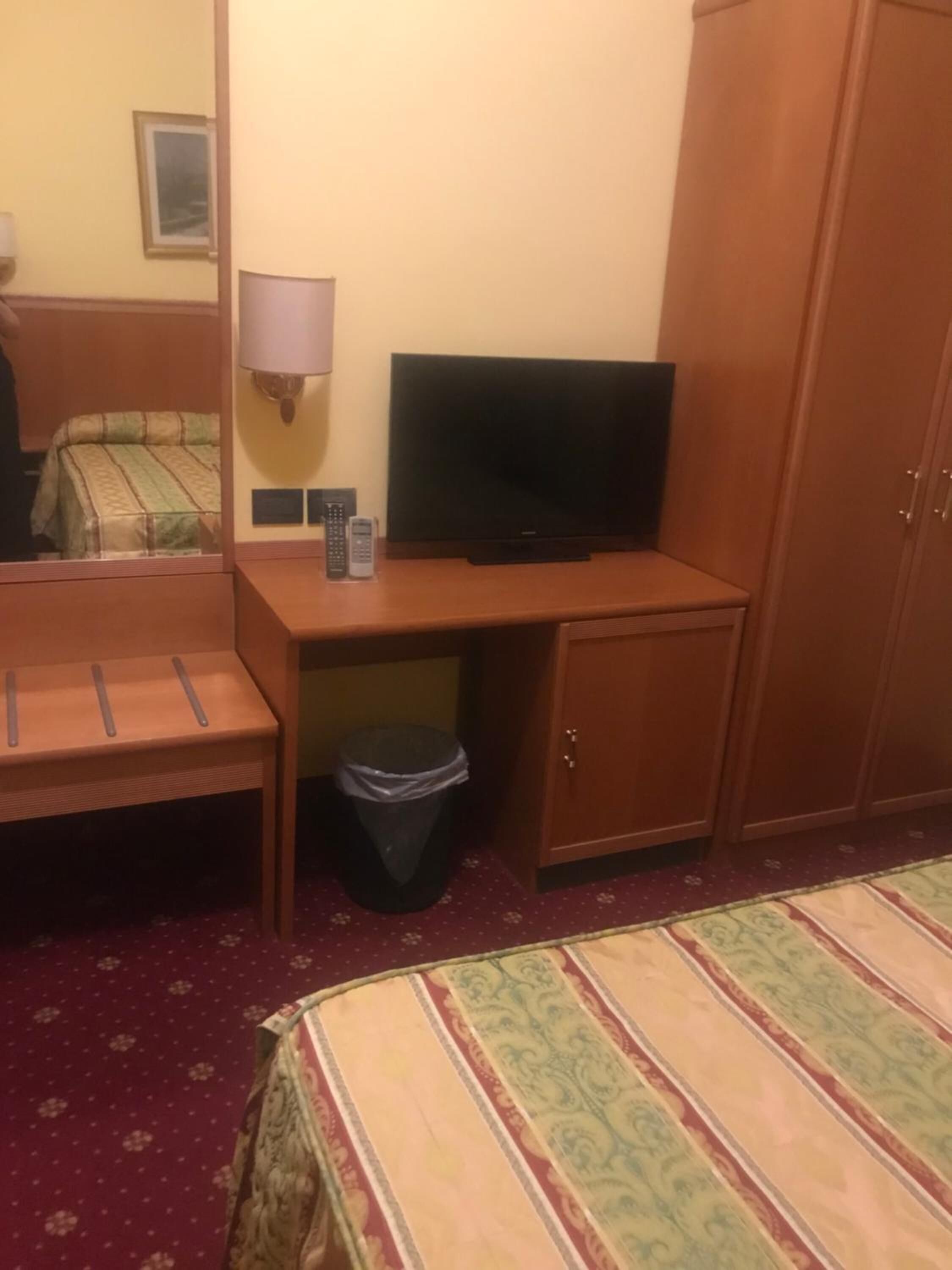 A hotel room with a bed, a desk with a television, a trash bin, and a wardrobe.