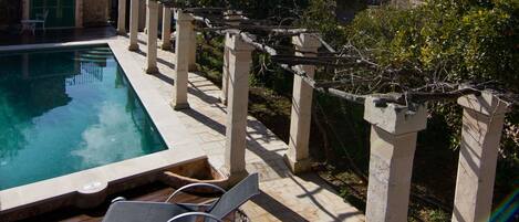 Outdoor pool, pool umbrellas, pool loungers