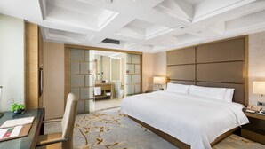Une chambre d’hôtel avec un grand lit, un bureau avec une lampe, une chaise, une salle de bain avec un miroir et un espace douche.