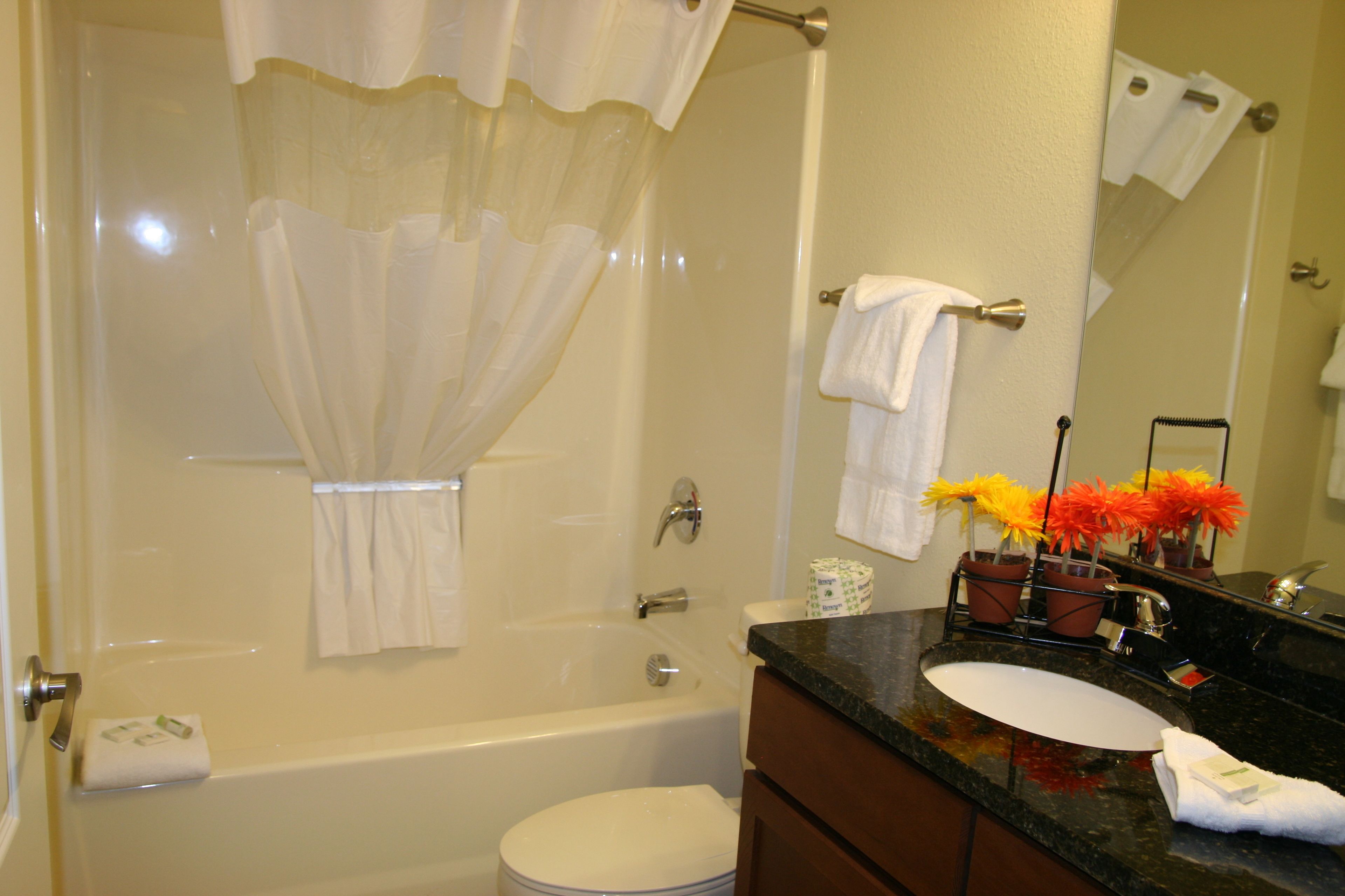 combined shower/bathtub, free toiletries, towels