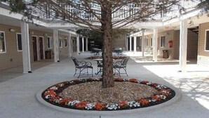 A courtyard with a central tree surrounded by a flower bed, benches, and a covered seating area. - Affordable Suites Augusta (Augusta)