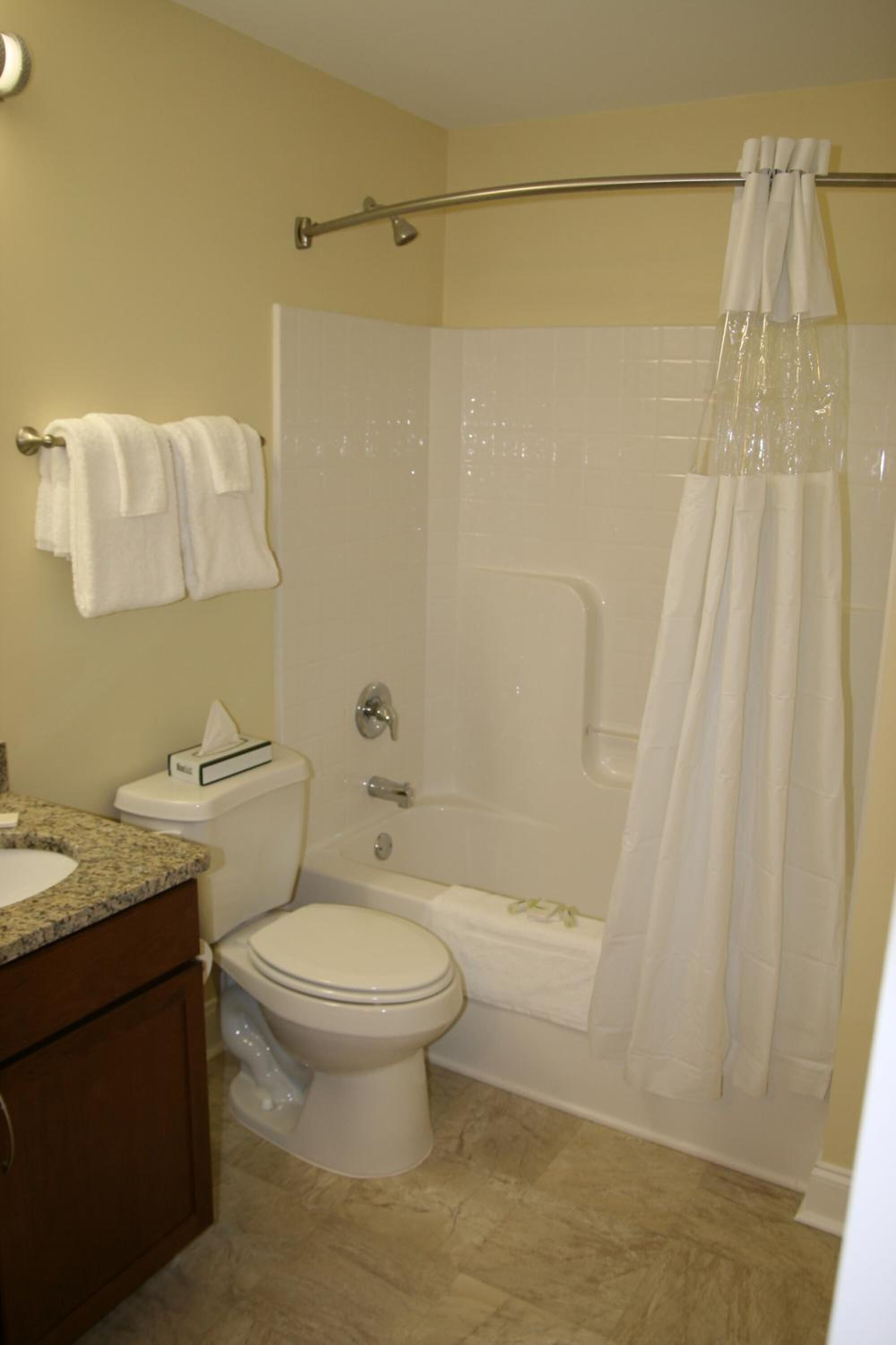 combined shower/bathtub, free toiletries, towels
