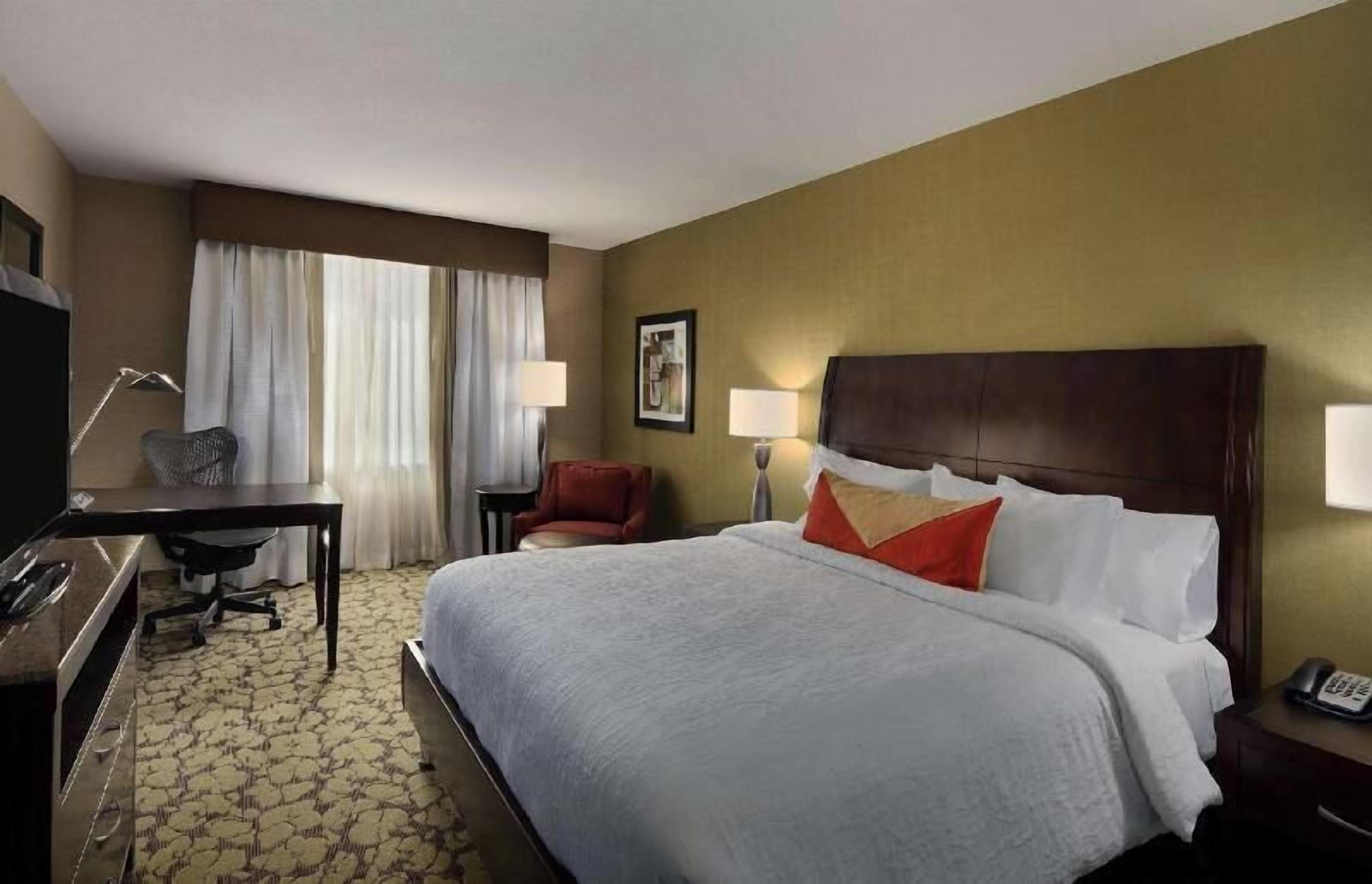 Down comforters, desk, laptop workspace, blackout drapes