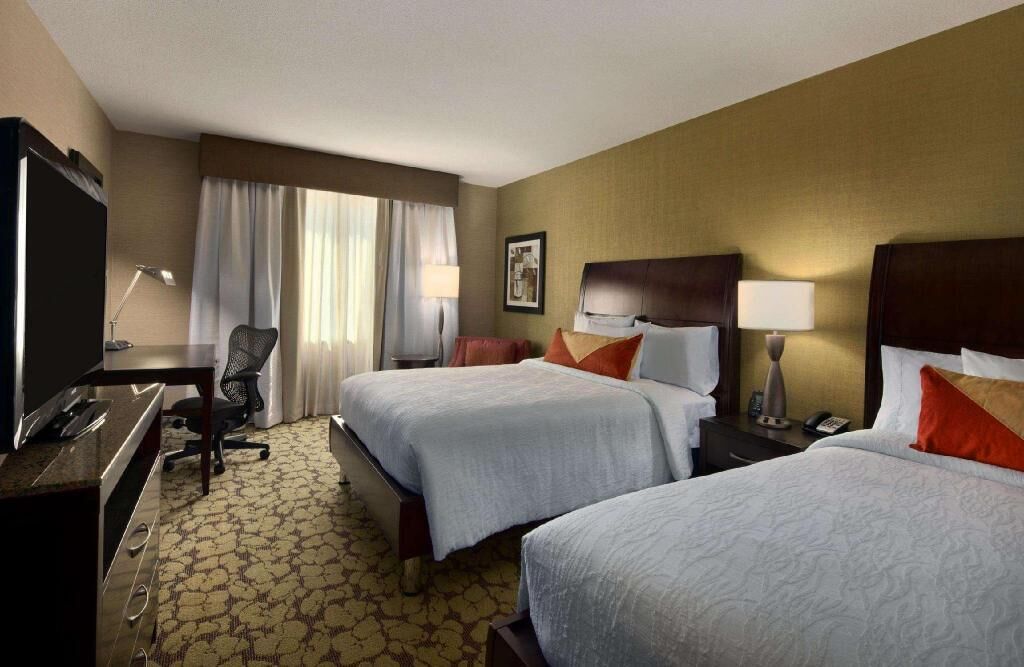 Down comforters, desk, laptop workspace, blackout drapes