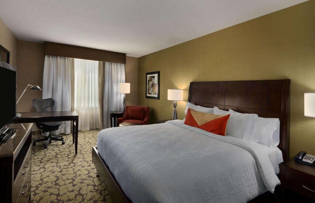 Down comforters, desk, laptop workspace, blackout drapes