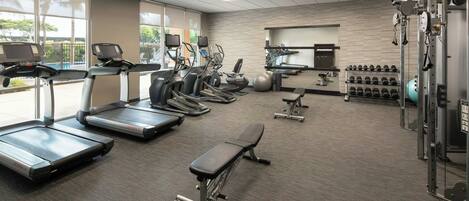 A gym with treadmills, elliptical machines, a bench, weight machines, and dumbbells.