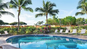 Outdoor pool, pool umbrellas, pool loungers