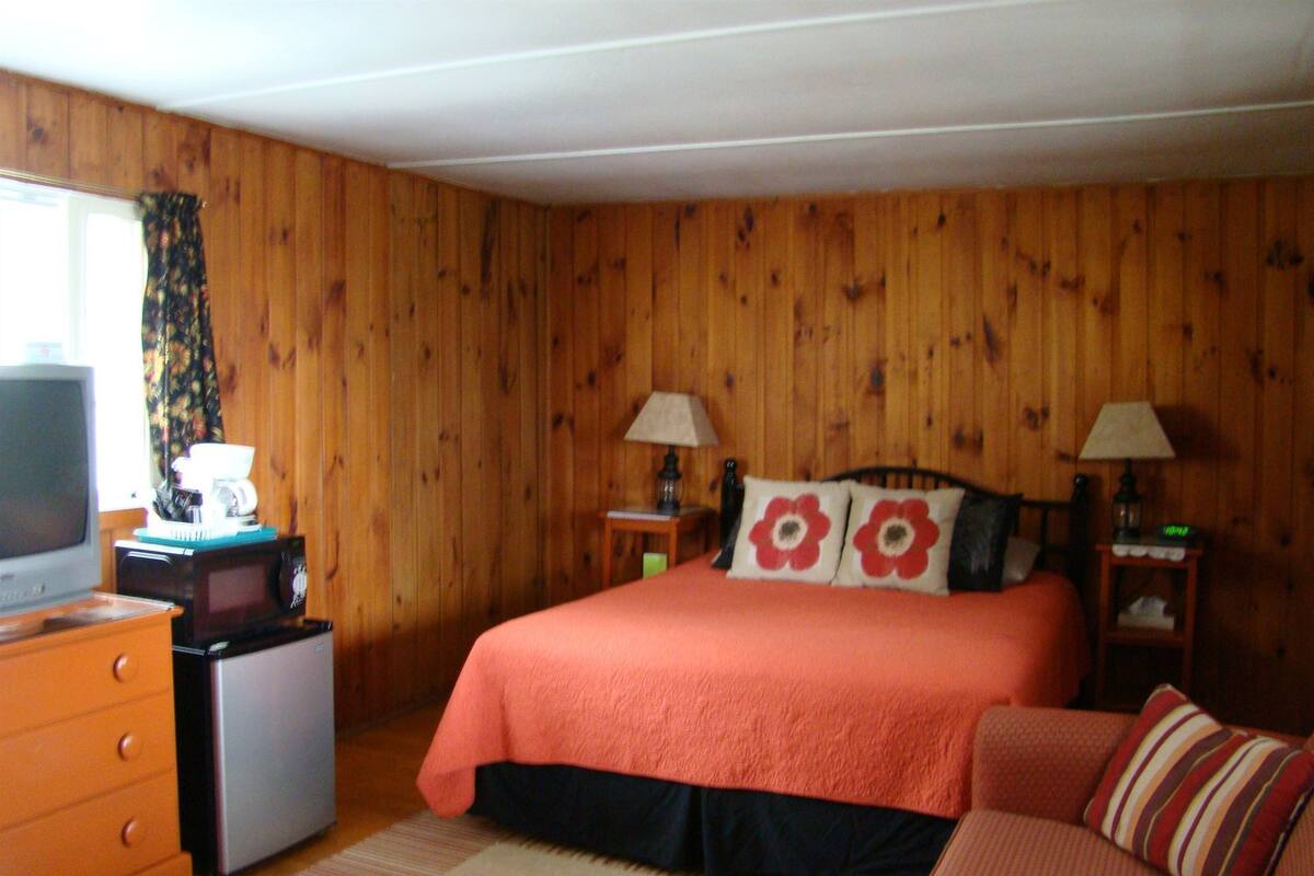 A bedroom with a bed, two bedside tables, a dresser, a television, and a microwave.