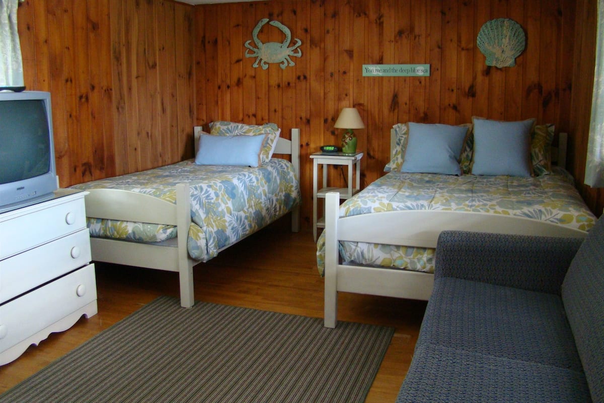 A room with two beds, a television, a small table with a lamp, and a decorative shell on the wall.