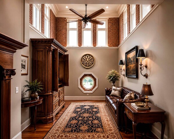A hallway with a ceiling fan, a fireplace, a large wooden cabinet, a round wall decoration, a sofa, a rug, and a side table with a lamp. - The Federal Pointe Inn Gettysburg, an Ascend Collection Hotel (Gettysburg)