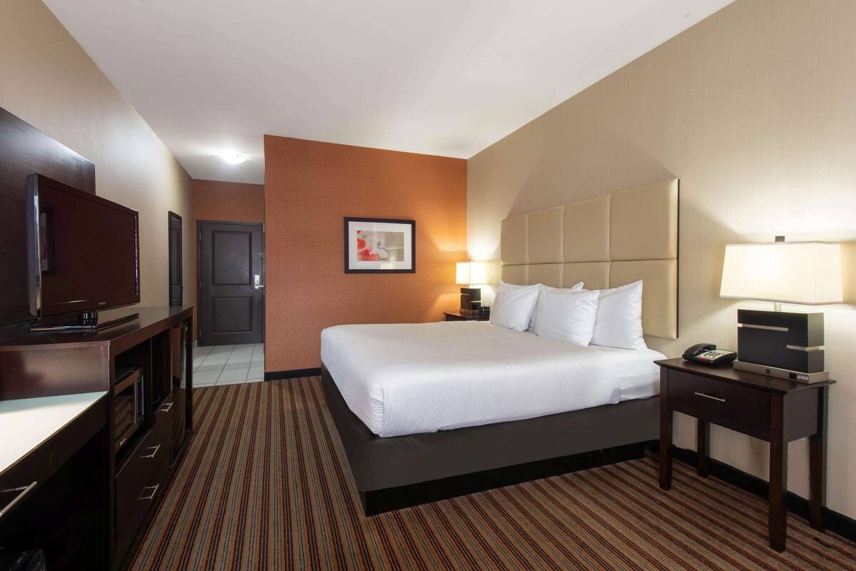 A hotel room with a large bed, a desk with a TV, a lamp, and a framed picture on the wall.