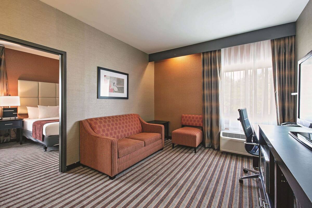 A hotel room with a bed, a sofa, a desk, and a chair.