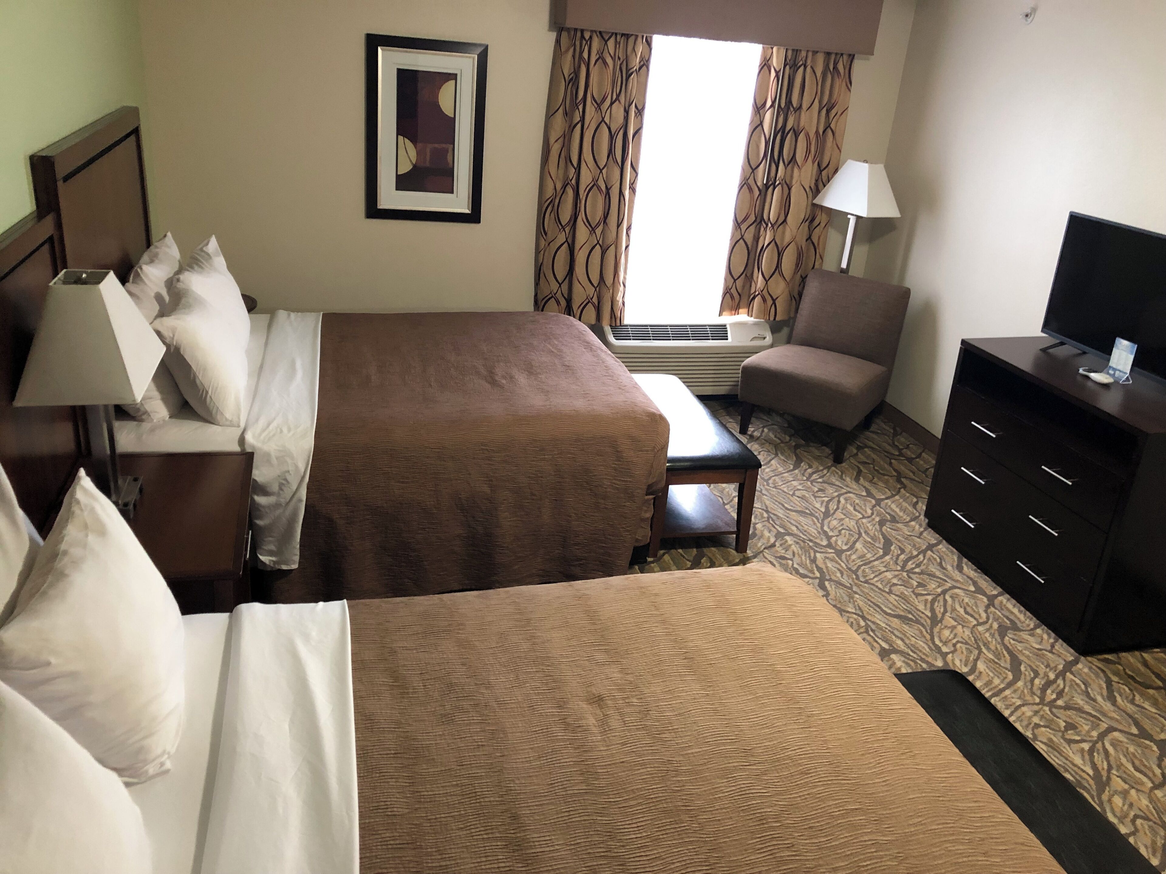 extended stay suite, 2 queen beds | premium bedding, desk, laptop workspace, blackout curtains