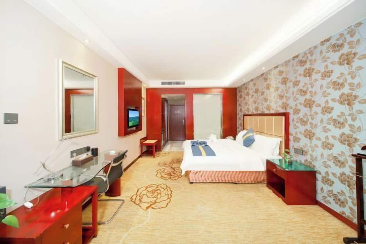 Une chambre d’hôtel avec un lit, un bureau, une chaise, une télévision et un miroir.