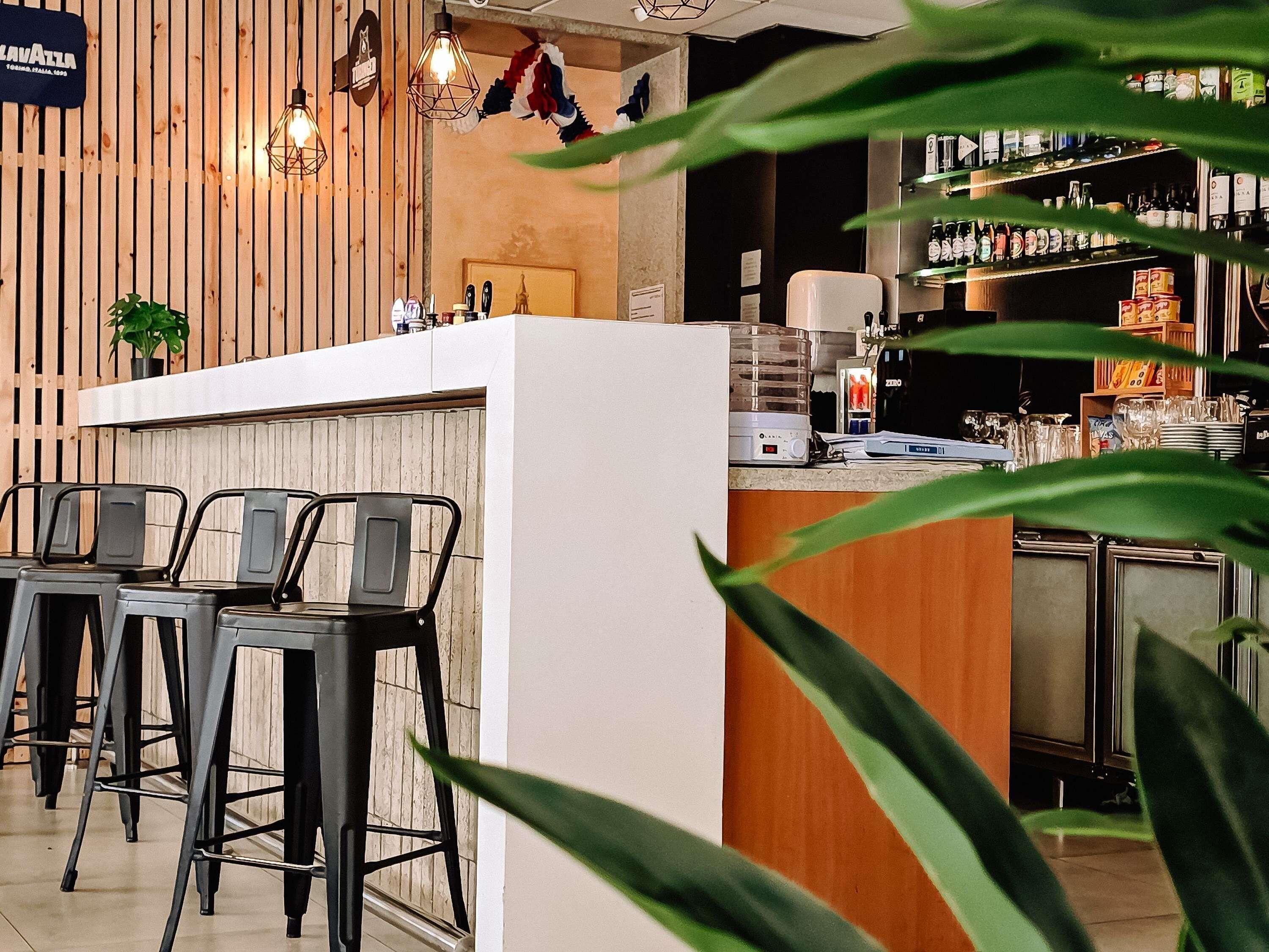 Zona de bar con taburetes, una barra y una pared de madera con luces colgantes.