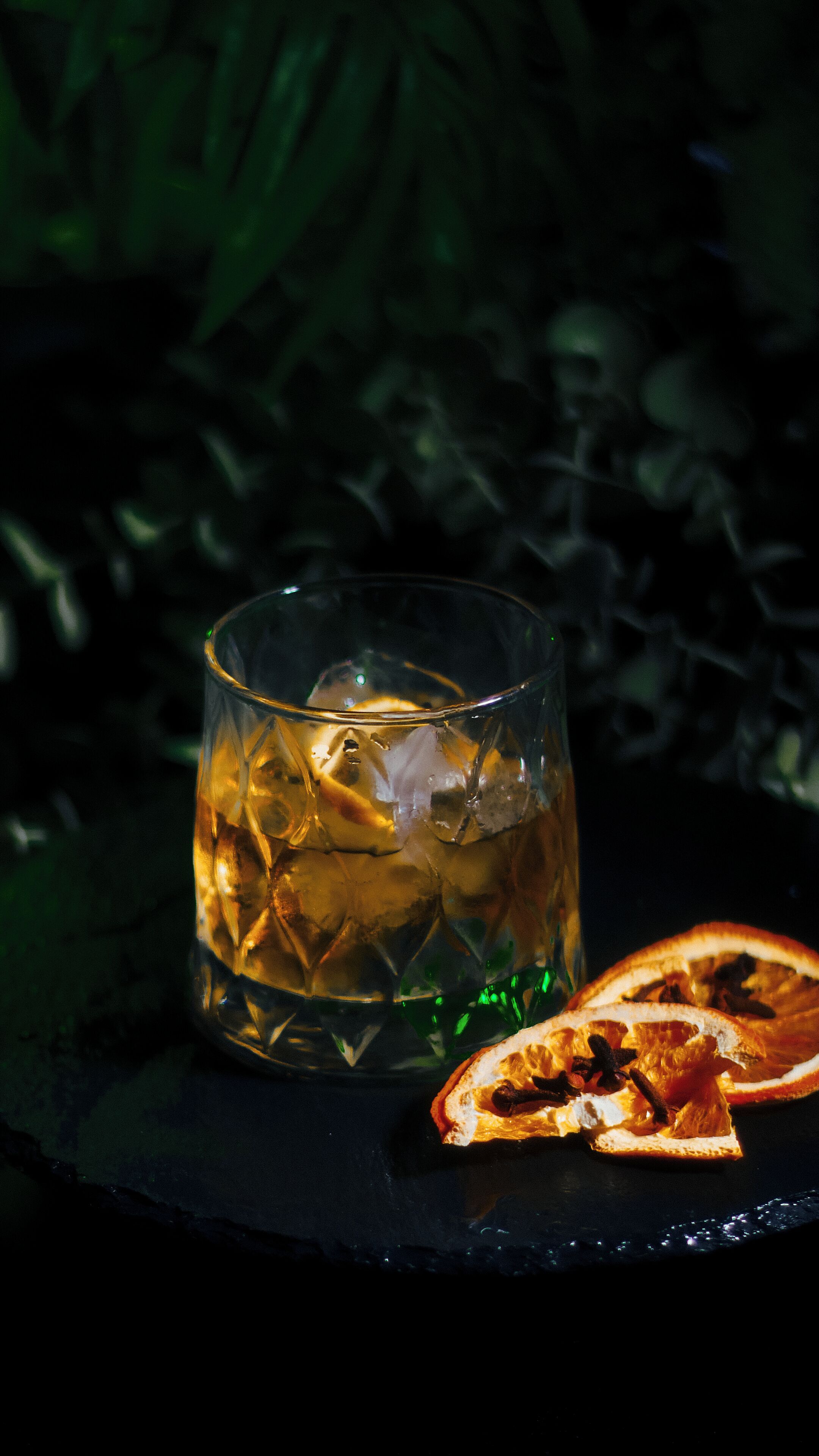 A glass of amber liquid with ice cubes, a slice of dried orange, and a dark background with green foliage.