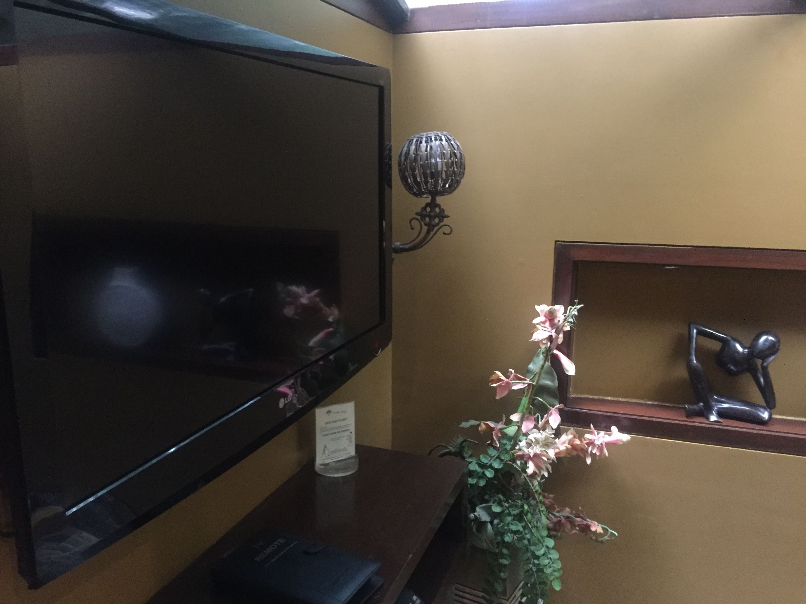 Un téléviseur à écran plat fixé au mur, un appliques mural décoratif, une petite étagère avec une sculpture et un vase rempli de fleurs.