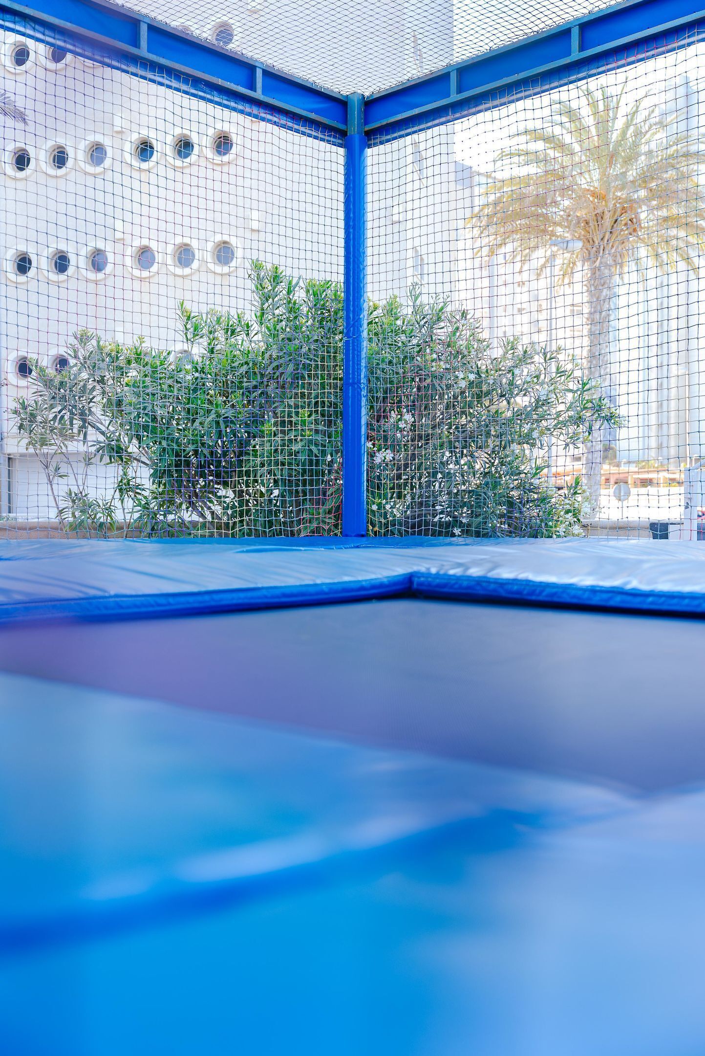 A blue trampoline with a netted enclosure and a wall with circular cutouts.