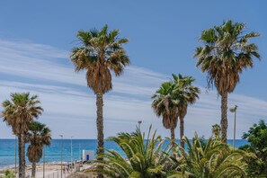 Una playa con palmeras, cielo despejado y el océano al fondo.