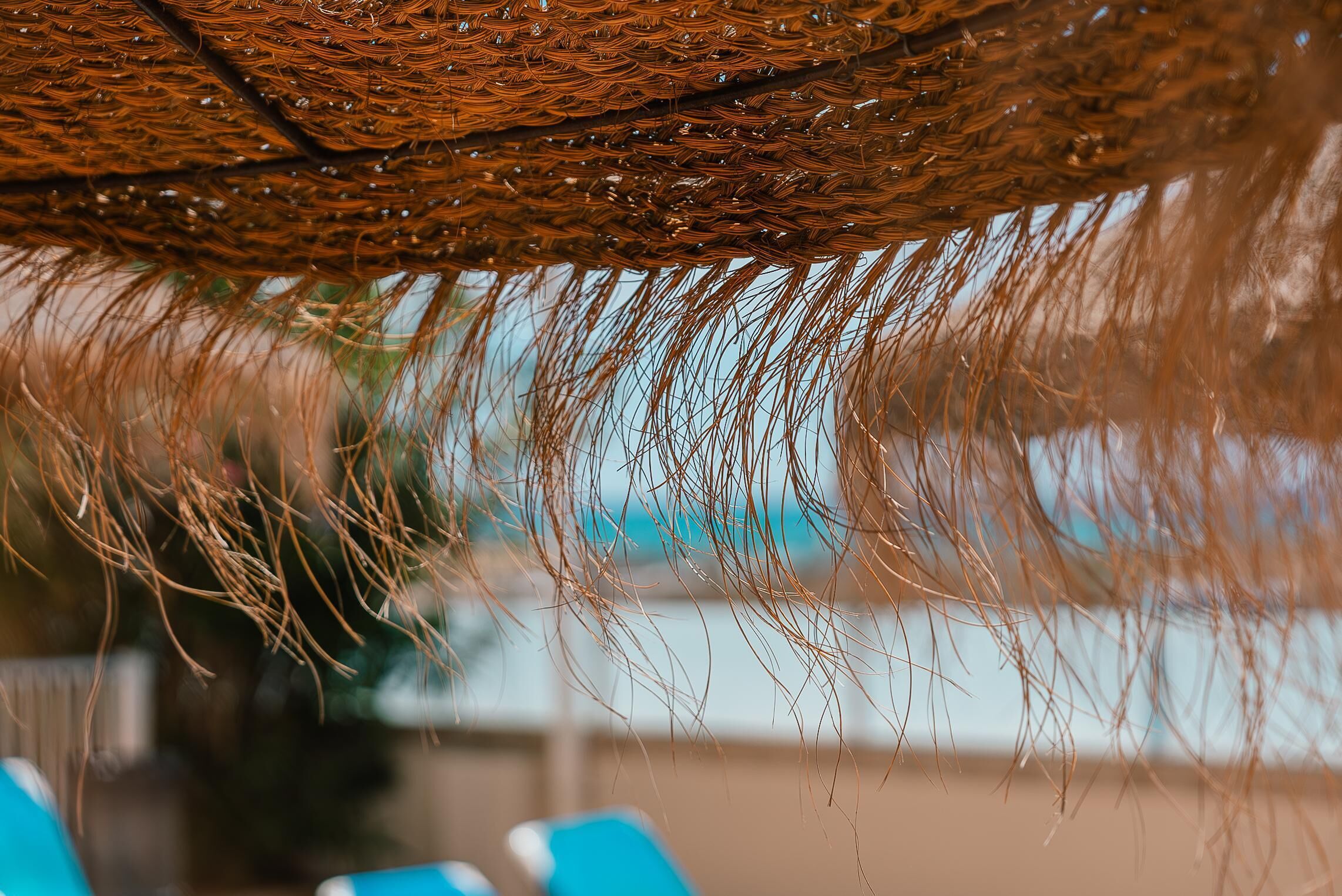 Dettaglio di un soffitto intrecciato, con sullo sfondo sfocato una zona piscina.