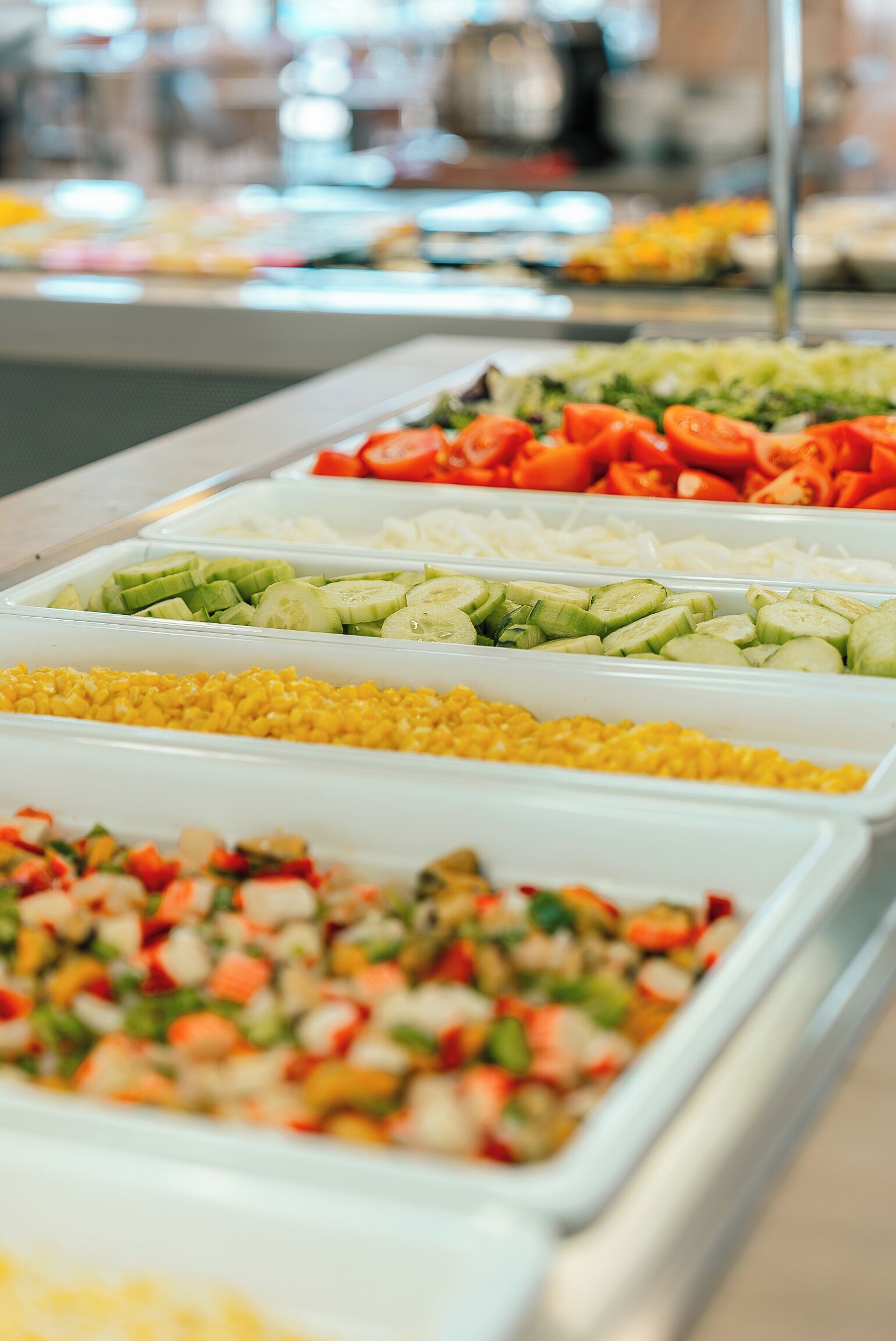 A buffet with various food options including sliced cucumbers, tomatoes, and a mixed vegetable salad.
