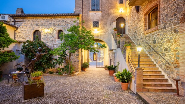 A stone courtyard with a staircase, potted plants, and a door leading to a building.
