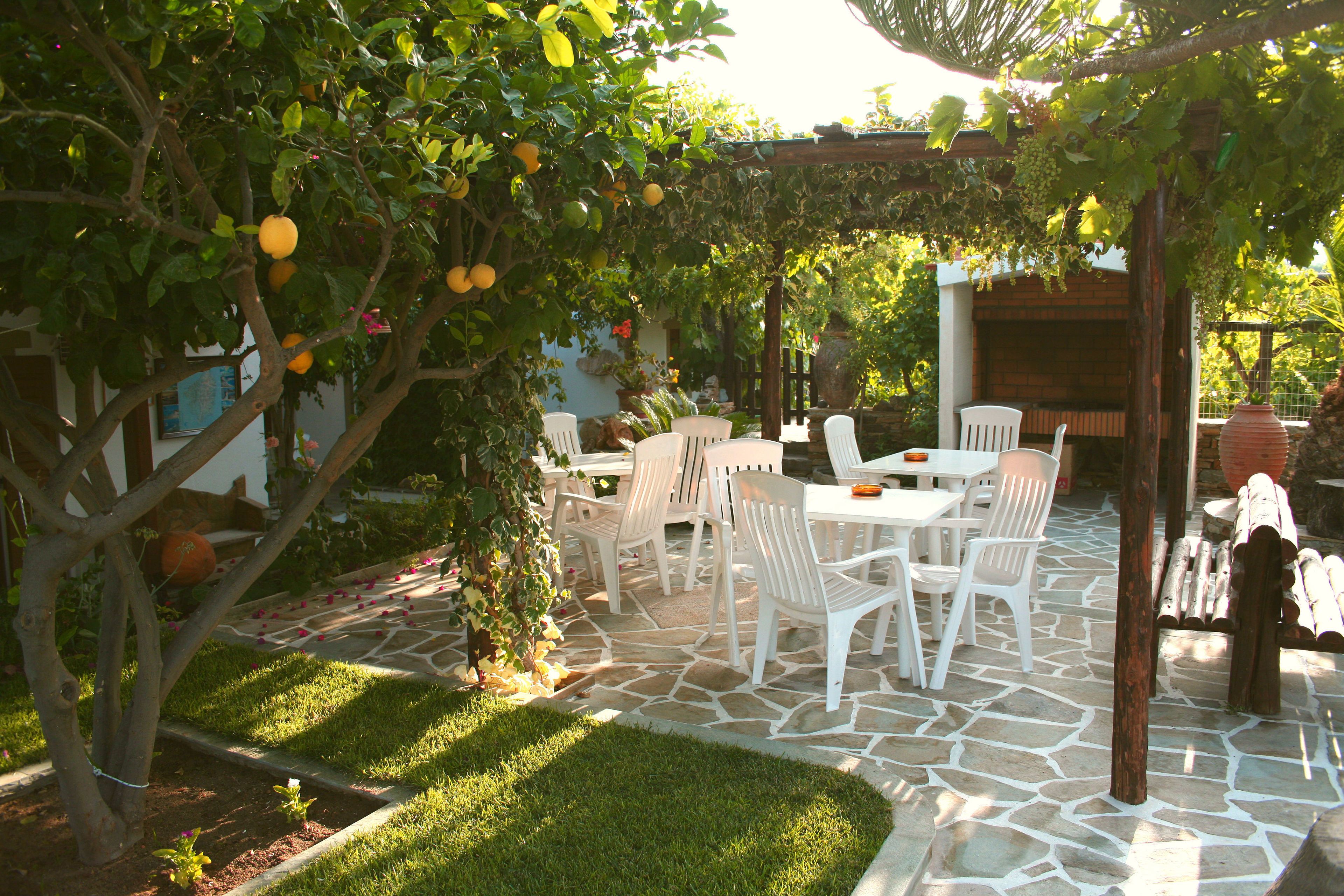 Un espace patio doté d’un sol en pierre, de mobilier d’extérieur blanc et d’une pergola ornée de fruits suspendus.