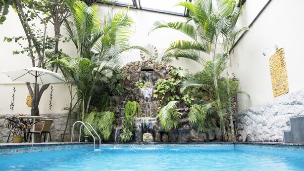 A swimming pool with a waterfall feature, surrounded by tropical plants and a stone wall.