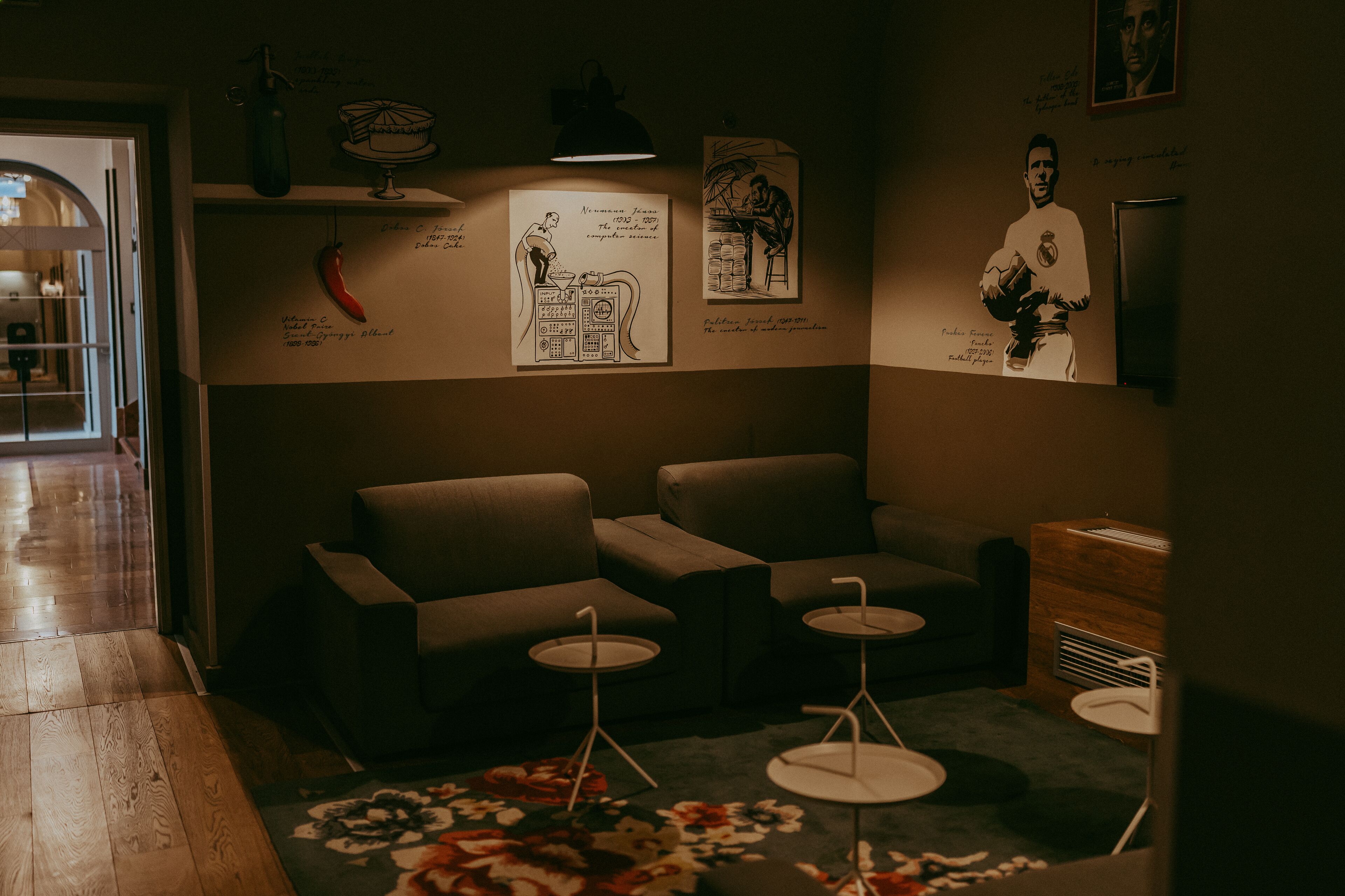 Une pièce faiblement éclairée, avec deux canapés, une petite table et un tapis décoratif.