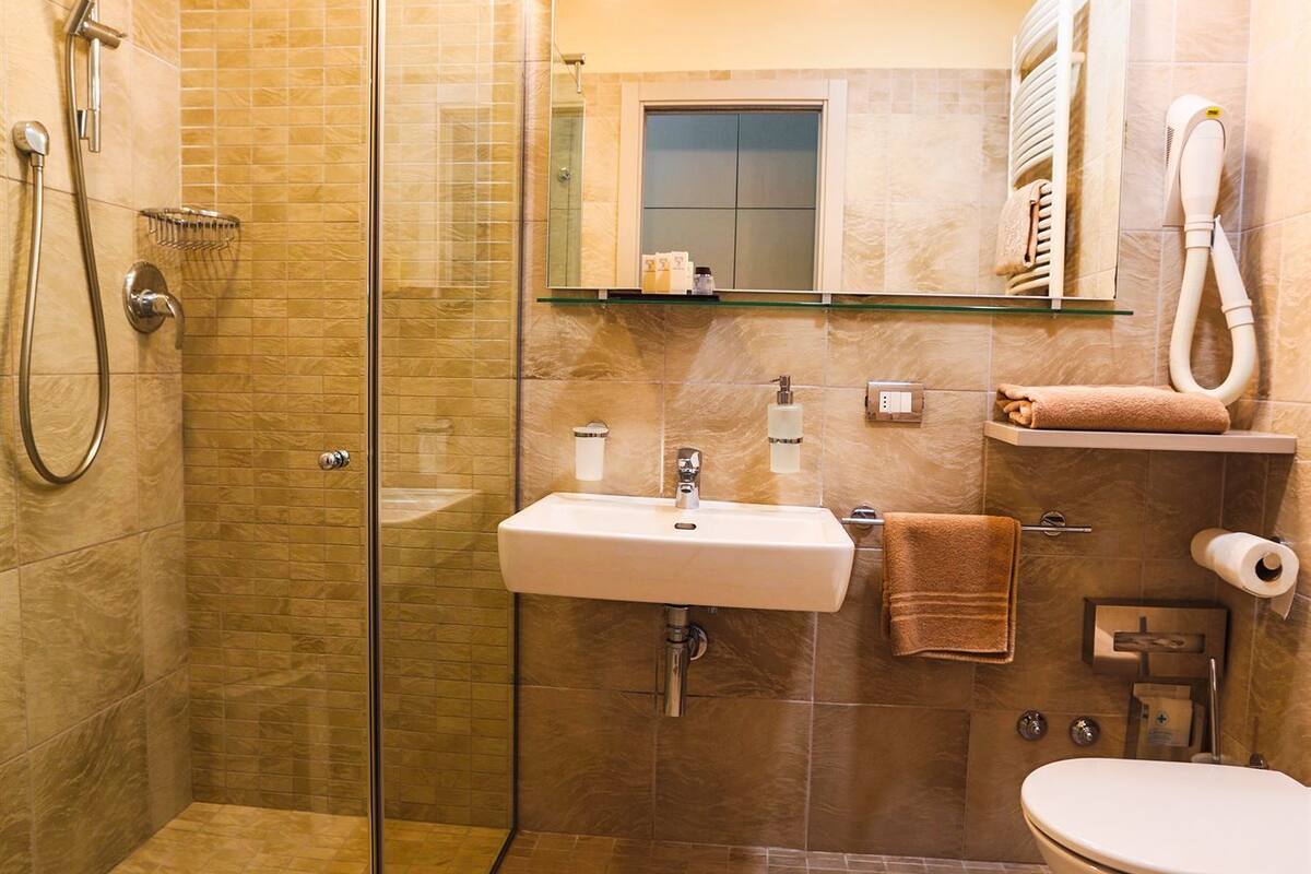 shower, free toiletries, hair dryer, bathrobes